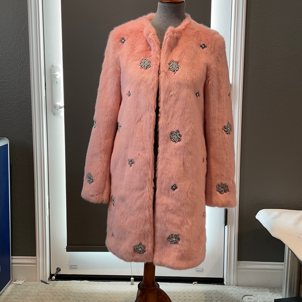Zara faux fur Pink coat with gems / pearls